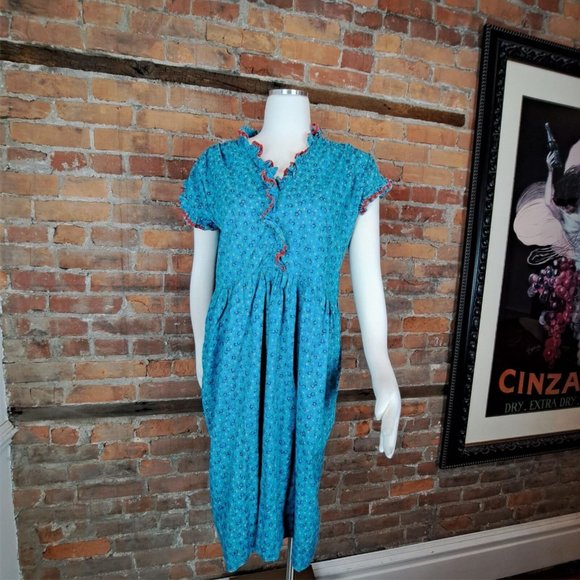 Hand Made Dress Aqua Floral Ruffle RickRack Trim Short Sleeves Cotton Size L - Picture 1 of 8